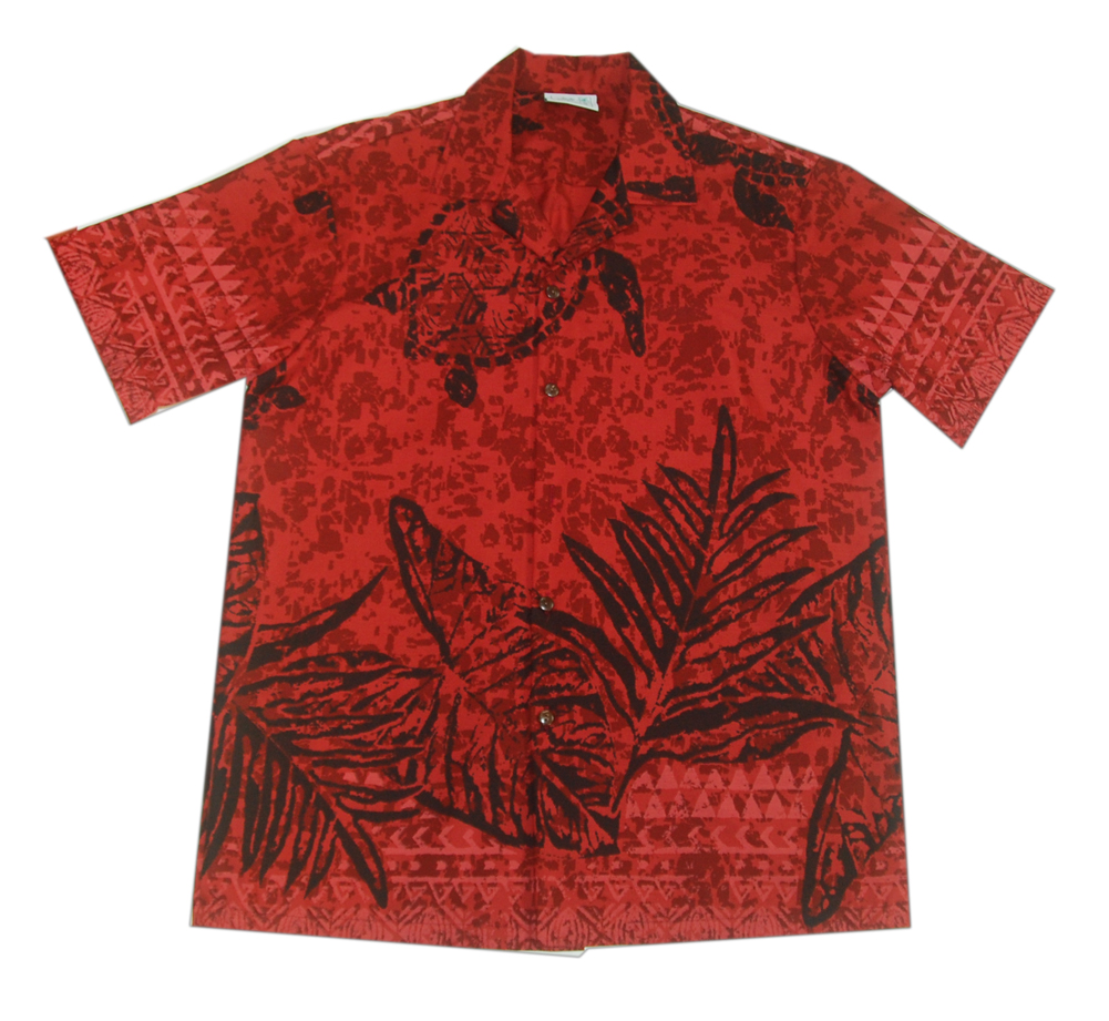 Cotton Blended Red Island Turtle Aloha Shirt